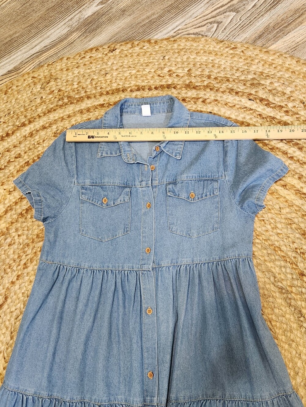 Cy Chambray Ruffle Tiered Midi Dress Women M Cottage Boho Lagenlook Short Sleeve - Picture 12 of 12